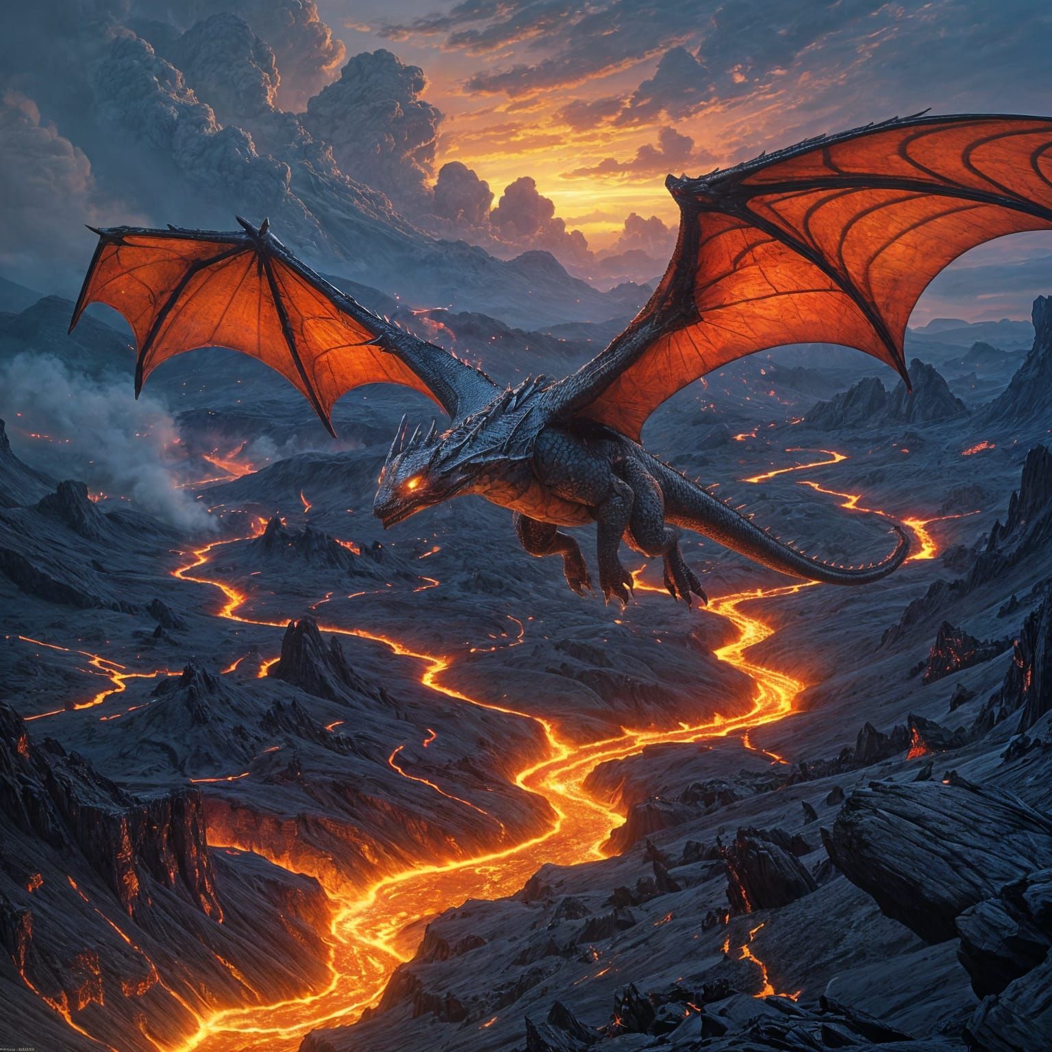 Volcanic Wyvern Soaring Over Lava Landscape
