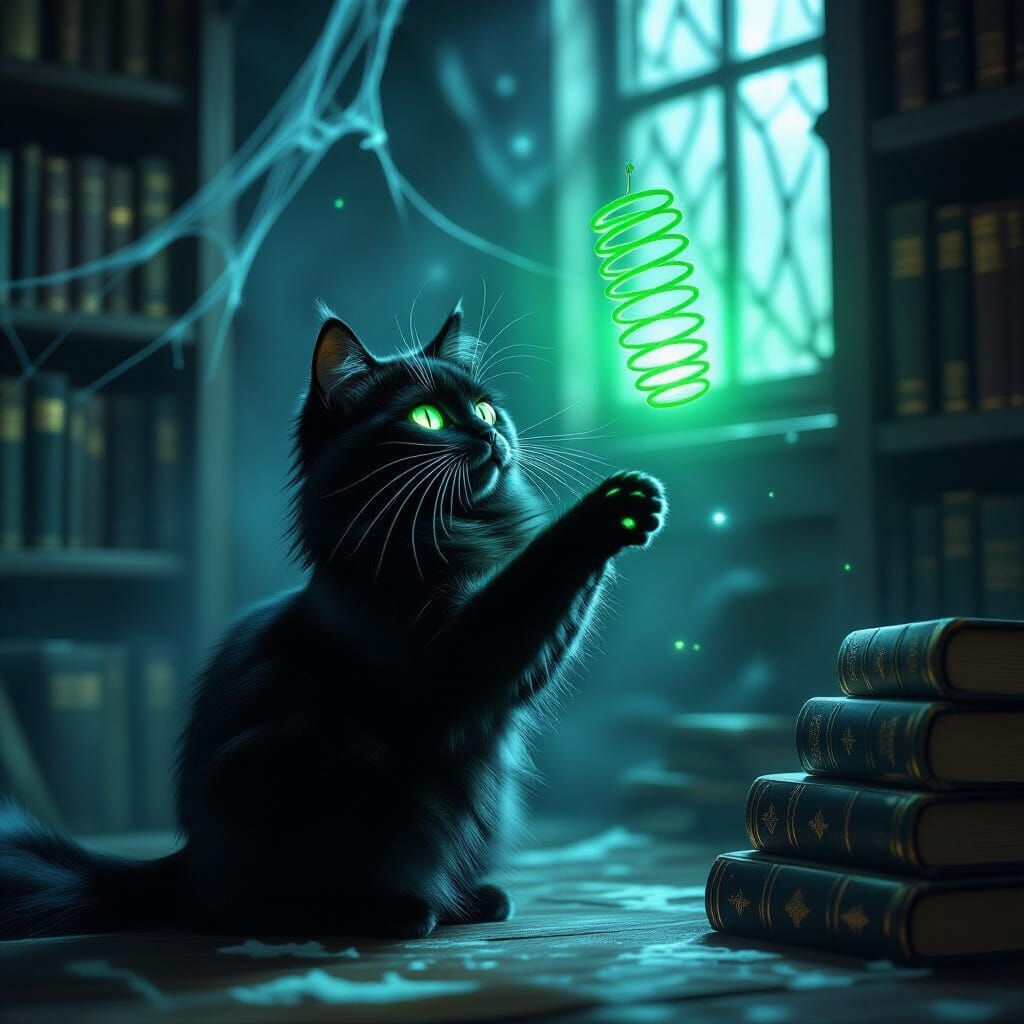 Mischievous Black Cat Plays With Glowing Spring Toy