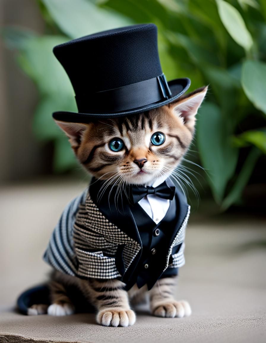 Kitten Stalks T-Rex in Top Hat and Suit