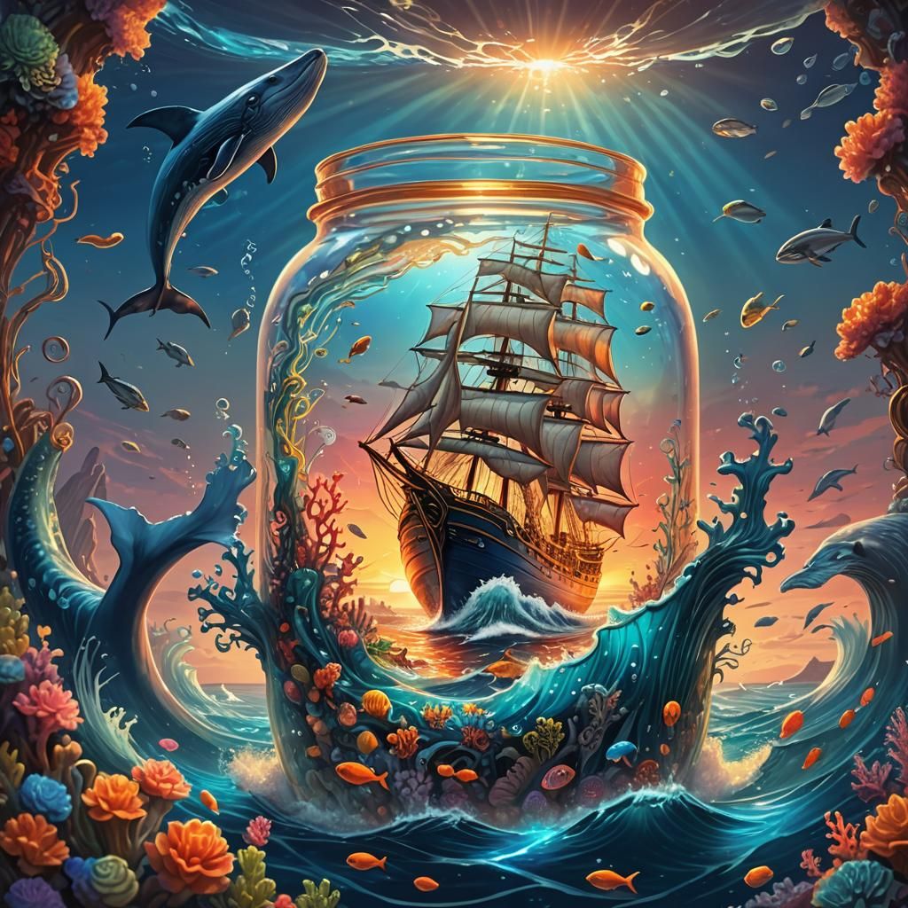 Glowing Jar: Sunset Ship and Whale, Surreal Art