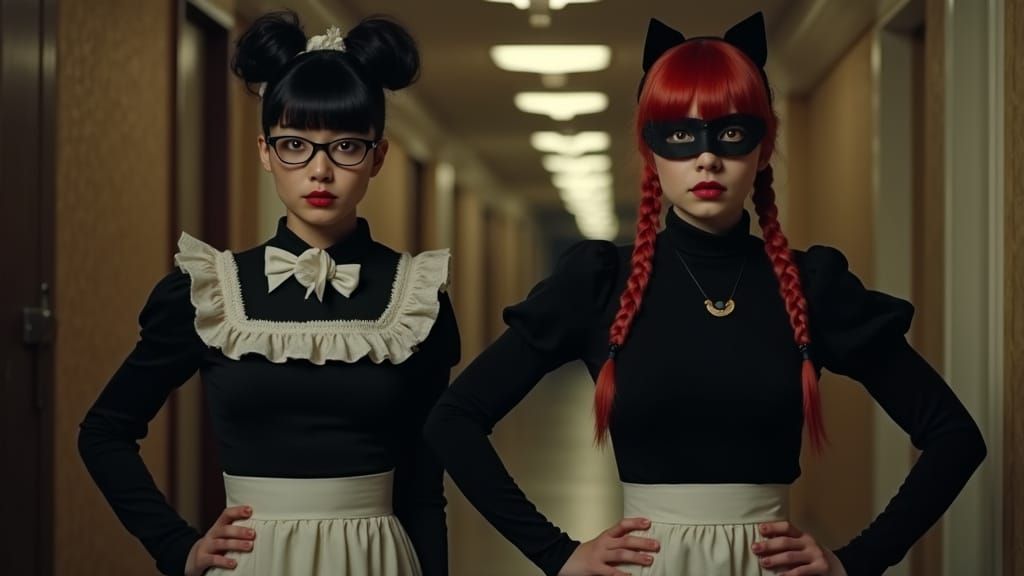 Two Maids in Eerie Hotel Hallway: Noir Surrealism