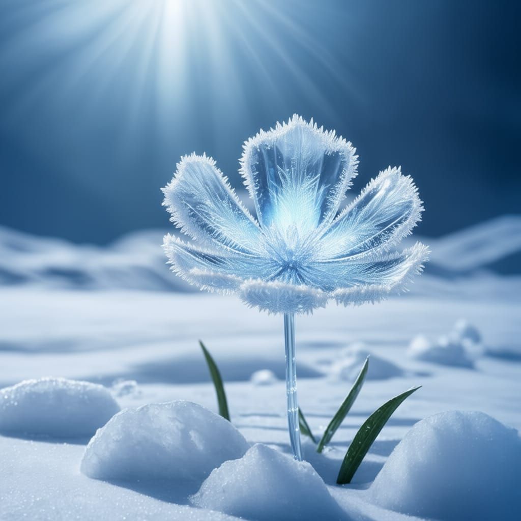 Ultra-Realistic Frozen Crystal Flower with Cold Glow