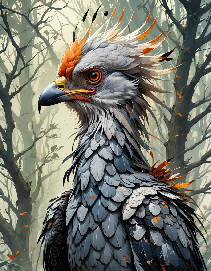 Detailed Secretary Bird Digital Painting with Shiny Aura