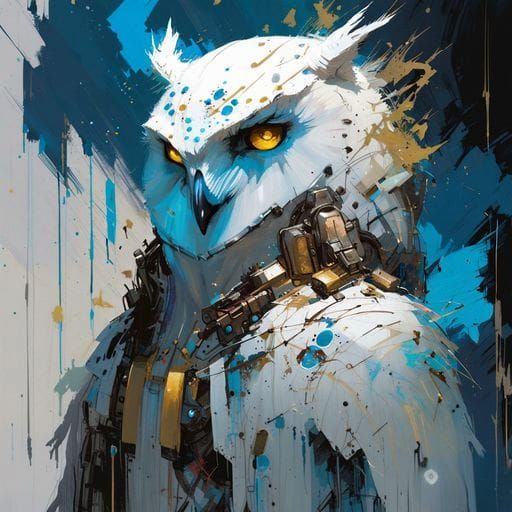 Armored Snow Owl in Cyberpunk Cityscape
