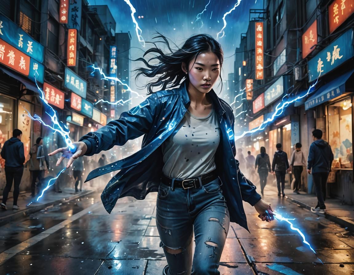Dynamic Chinese Woman Conjuring Lightning, Watercolor Style