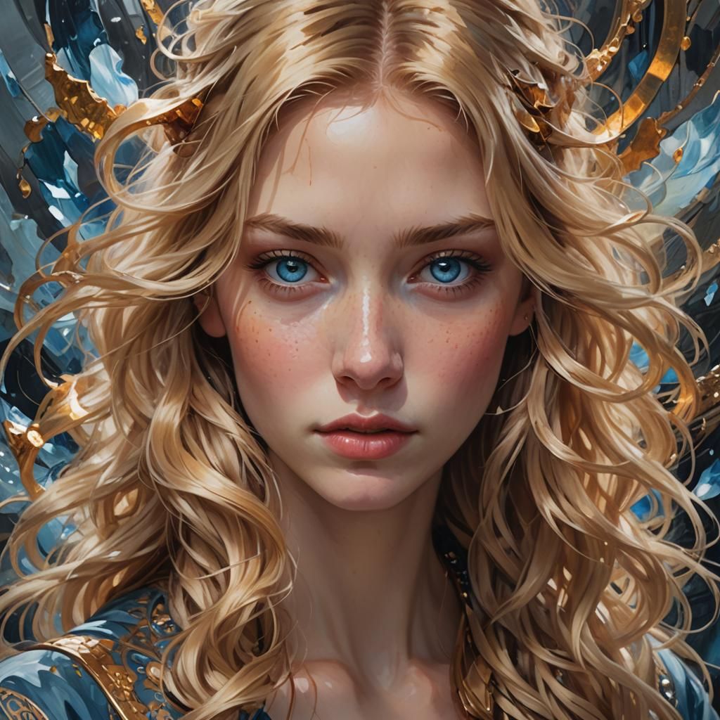 Detailed Oil Painting of Young Woman with Blue Eyes