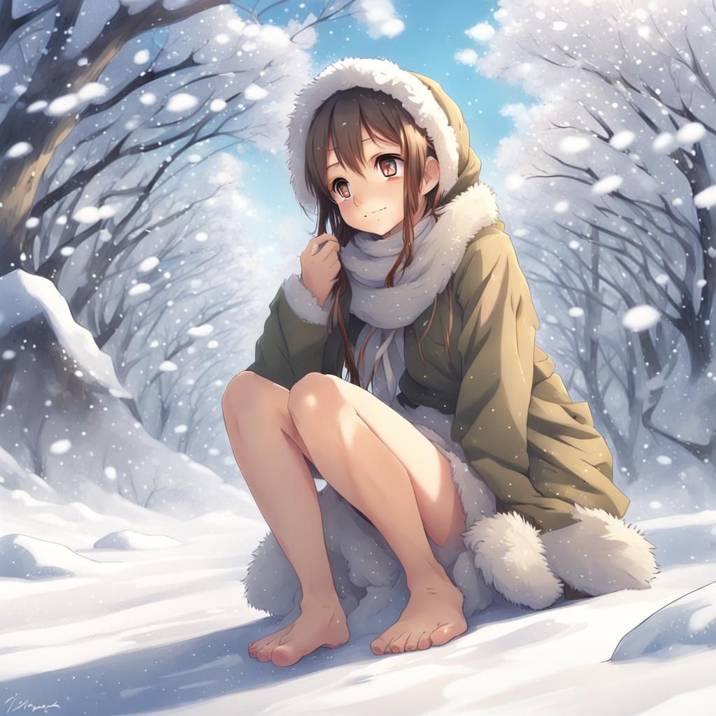 Barefoot Girl on Snow in Anime Style