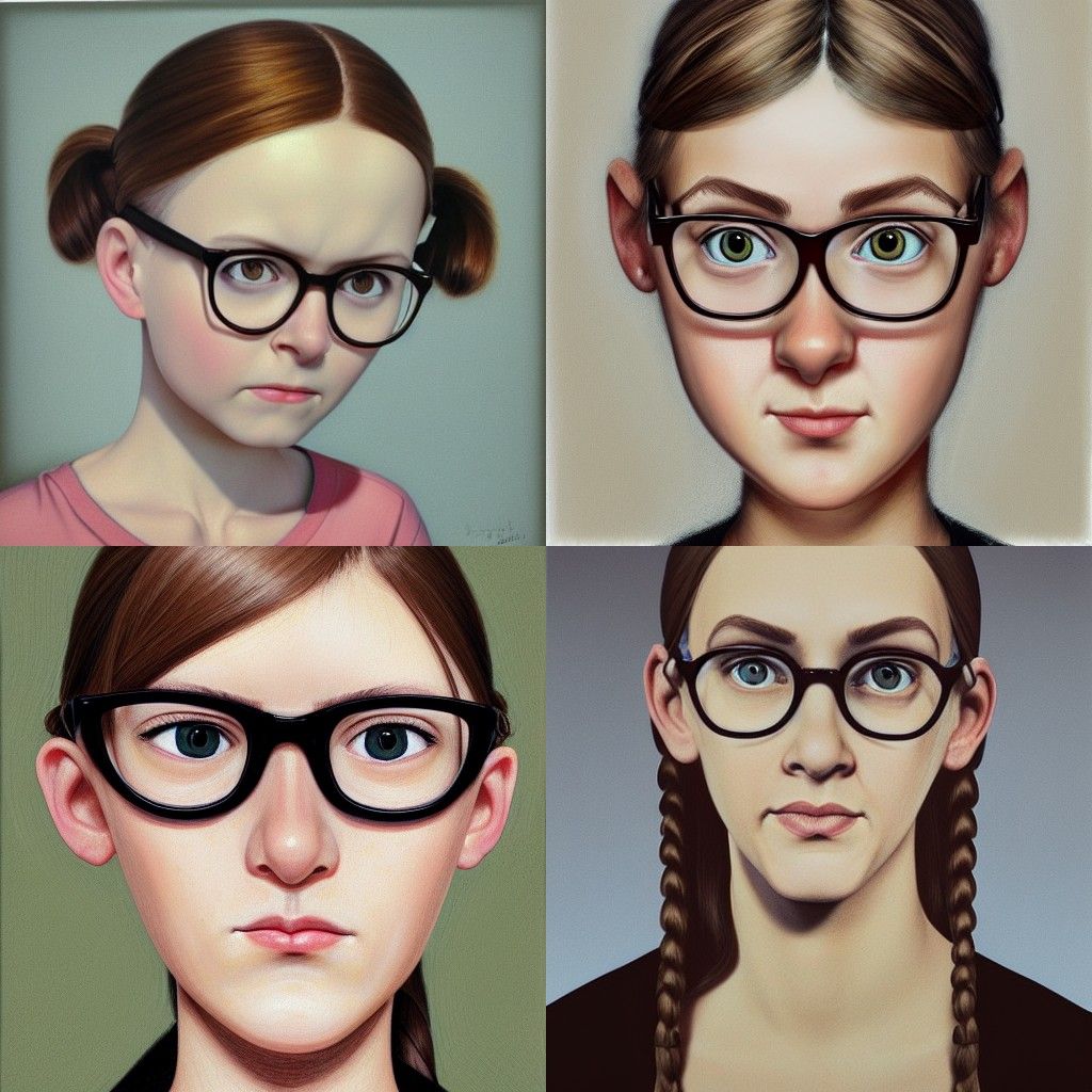 Margo Gru, female pale-skinned girl, brown hair tied in a ponytail by white hair tie, bangs tucked to the right side and...