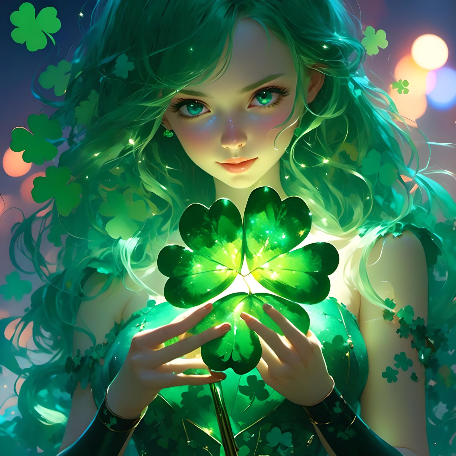 Iridescent Shamrock at Night in 2.5D Anime Style