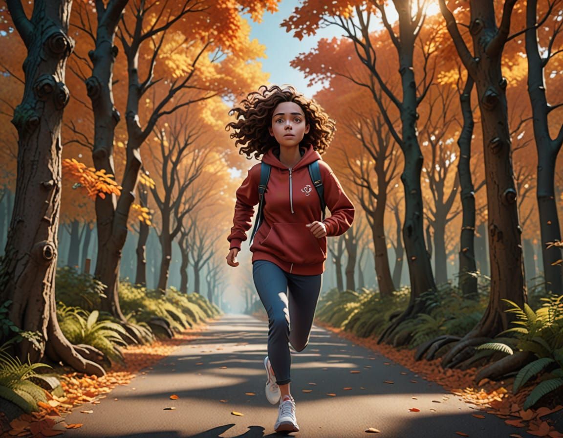 Mystical Forest Girl in Vibrant Red, Stepping into Autumn Wo...