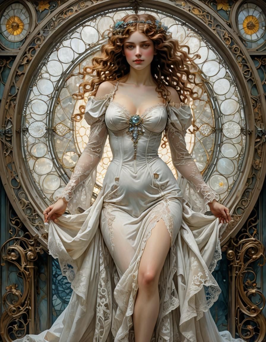 French Woman in Art Nouveau Style with Futuristic Pyramids