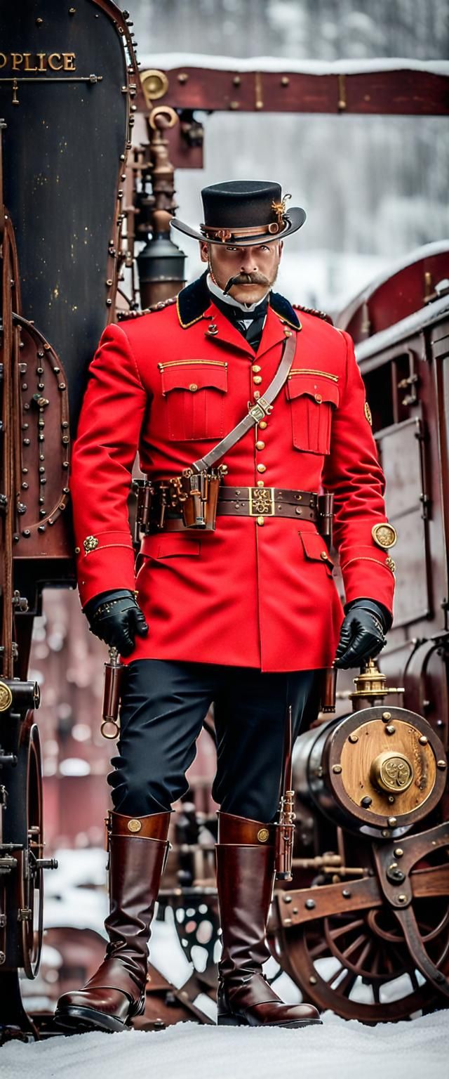 Steampunk Royal Canadian Mounted Police on Train