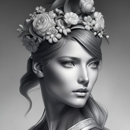 Lady & flowers pencil art sketch