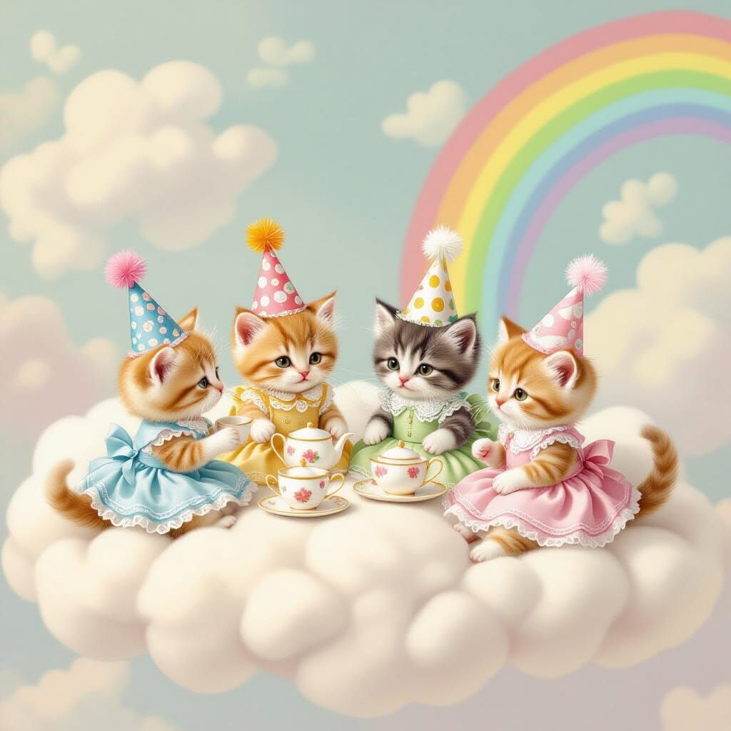 Kittens' Tea Party on a Cloud in Dreamy Style