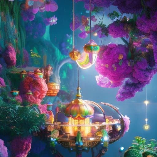 Bioluminescent Rainbow Rose Treehouse in Steampunk Style