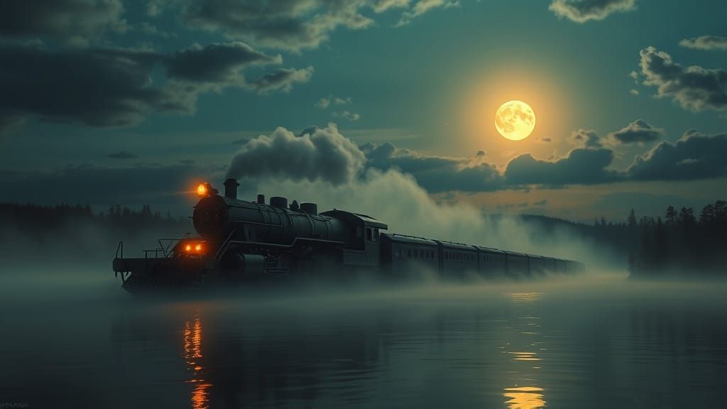 Eerie Moonlit Lake with Summoned Train