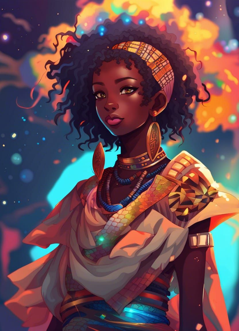 Anime African Girl in Pixel Art Style