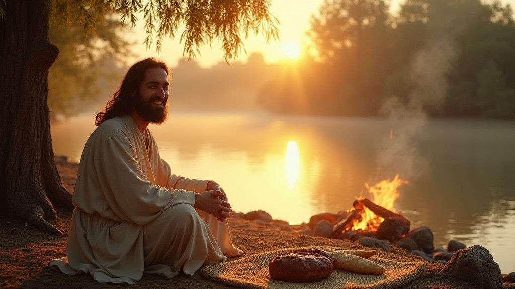 Jesus at Breakfast by Lake in Ancient Israel