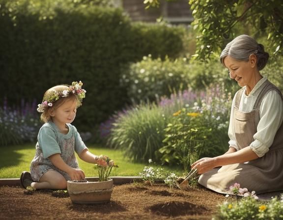 Charming Watercolor: Grandmother and Granddaughter Planting ...