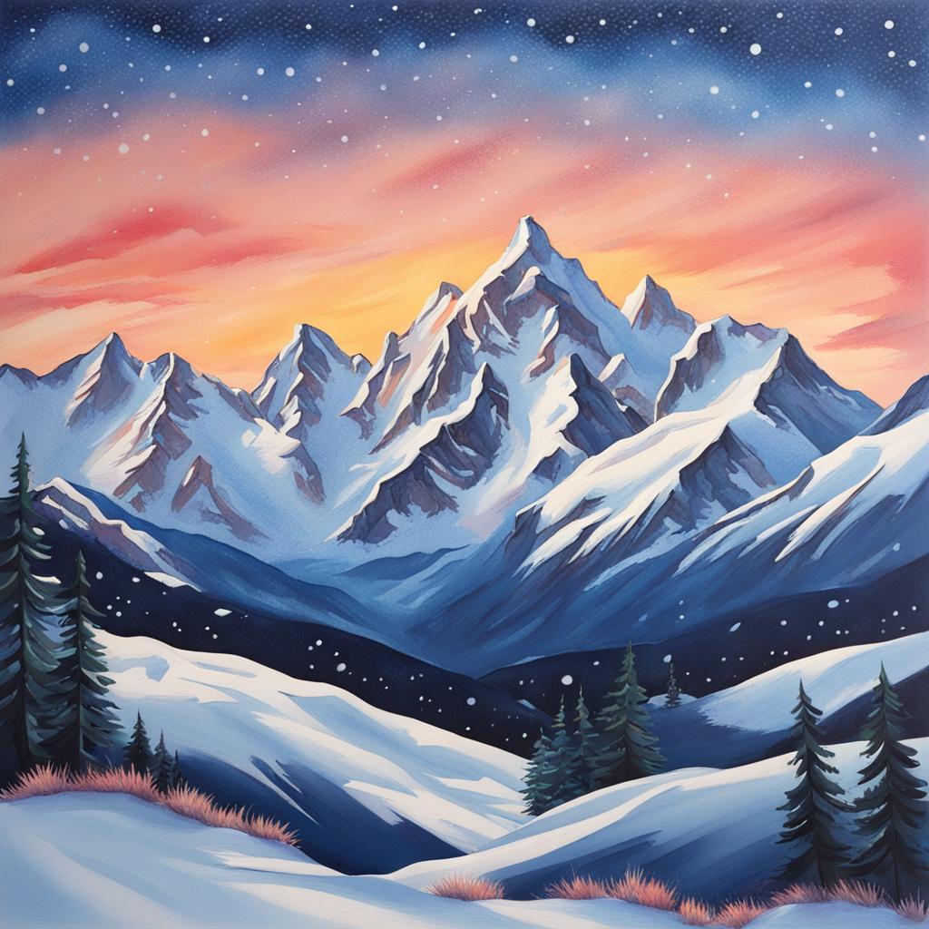 Gouache Painting: Snowy Peaks with Ribbons and Stars