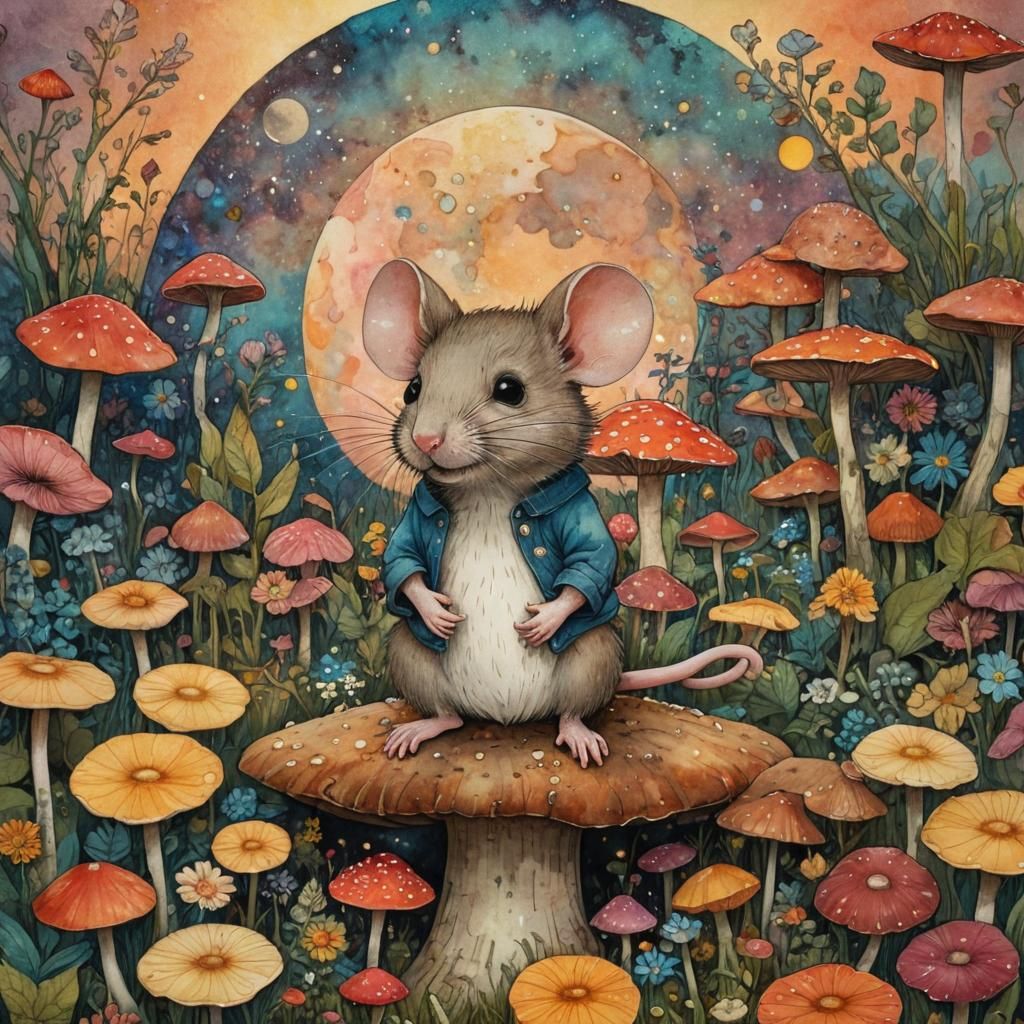 Mouse on Mushroom in Whimsical Folk Art Style