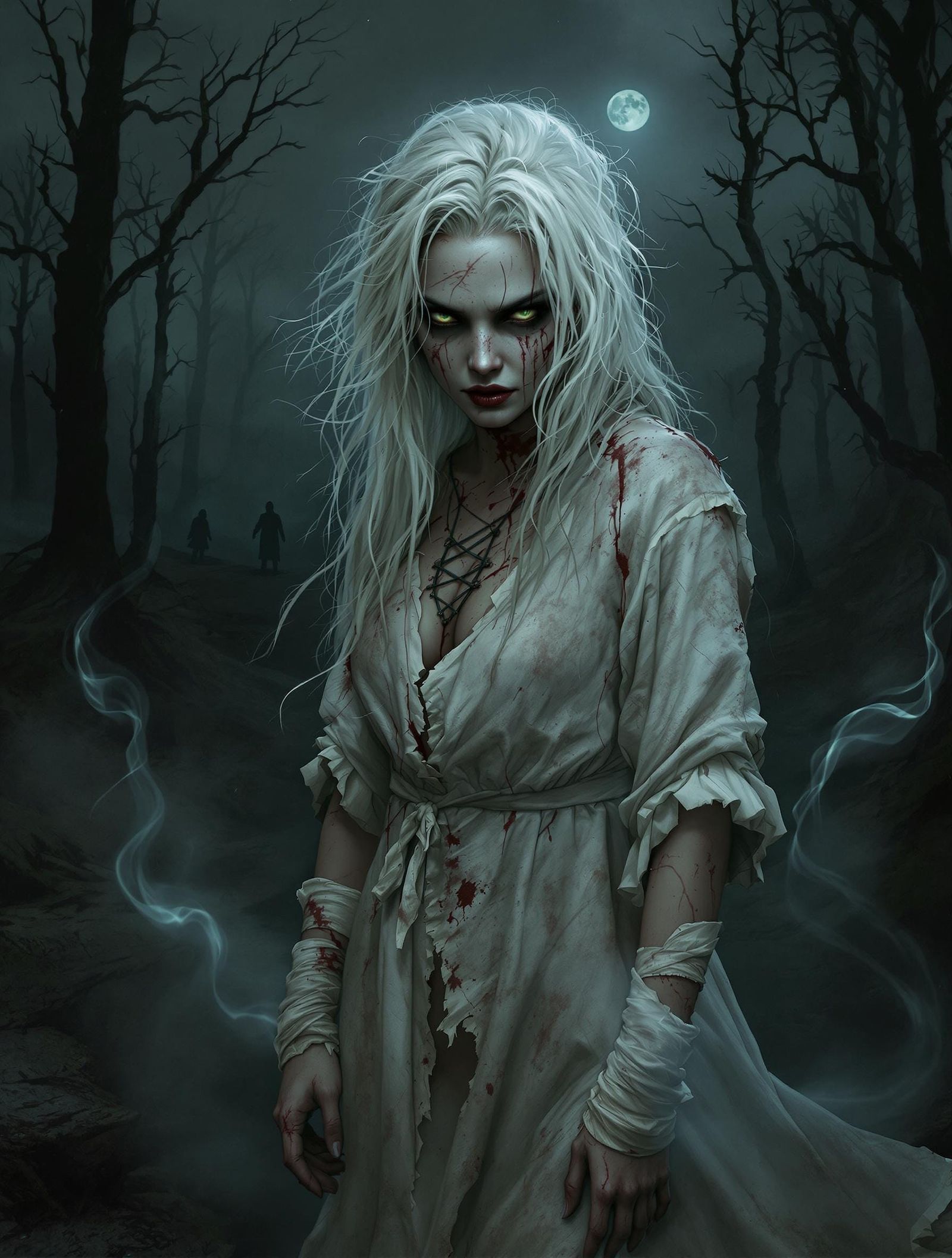 Ethereal Portrait of a Haunted Woman in Dark Forest