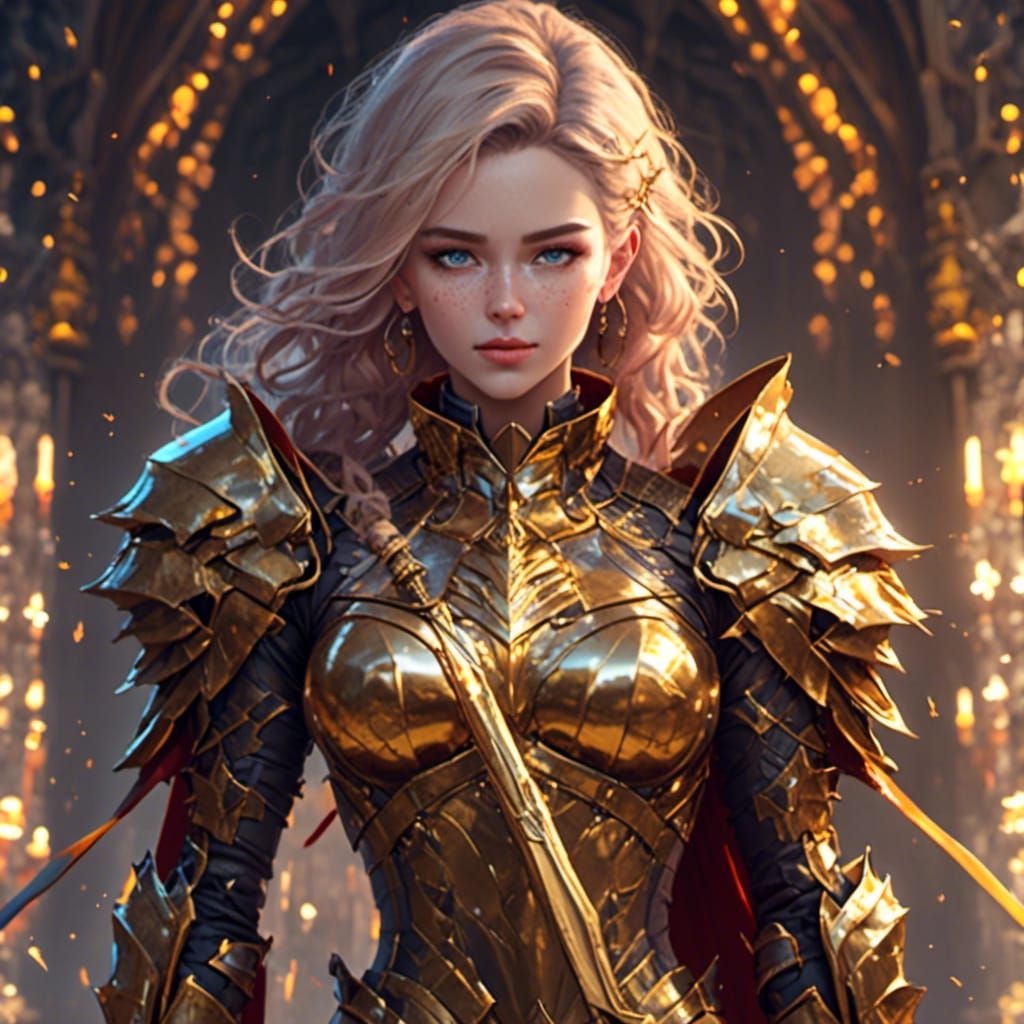 Female Paladin Portrait with Golden Armor