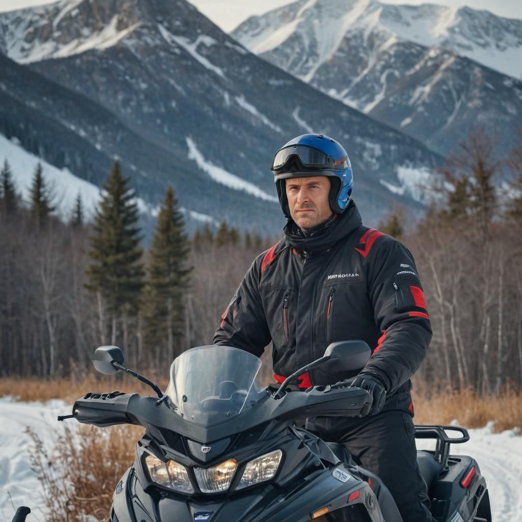 Man on Snowmobile in Winter Landscape