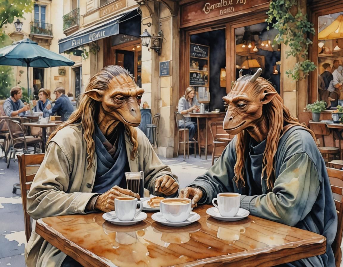 E.T. and Jar Jar at French Cafe, Watercolor