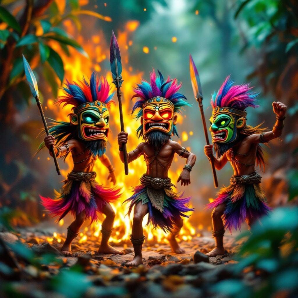Vibrant Tiki Warriors Dance Around Jungle Fire