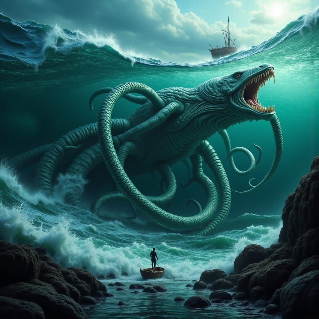 Fisherman Battles Kraken with Mermaid Lure Above Stormy Seas