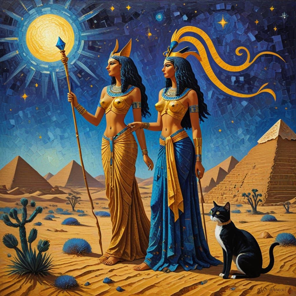 Egyptian Cat Queen Reigns in Golden Desert Sunset