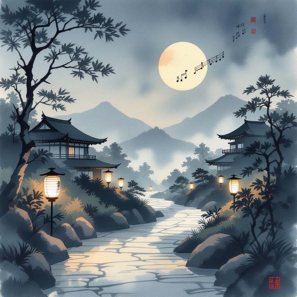 Serene Japanese Summer Night Landscape with Musical Notes