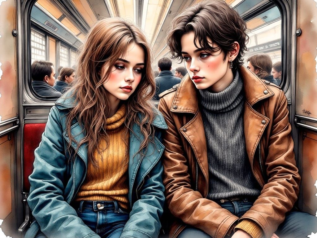 Fraternal Twins on Prague-Vienna Train, Expressive Ink Drawi...