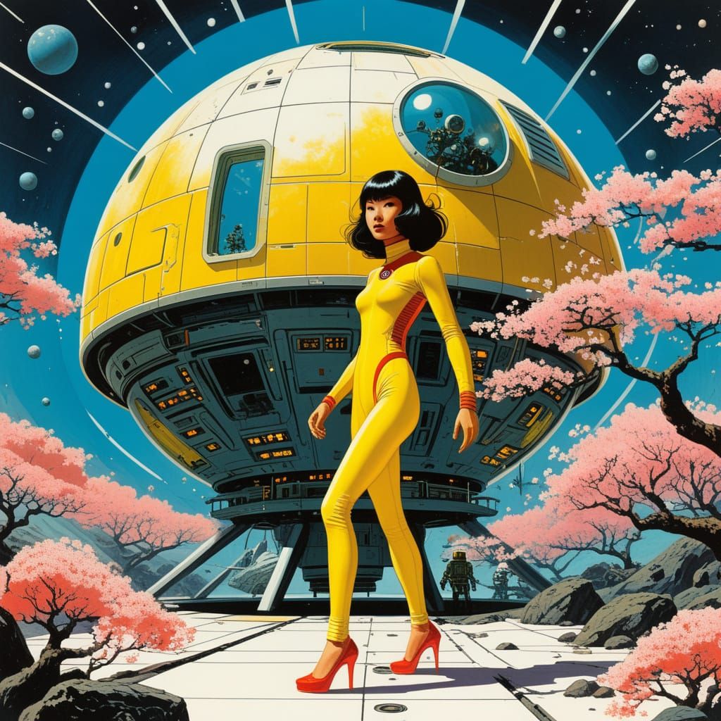 Retro Sci-Fi Woman Enters Space Dome with Robots