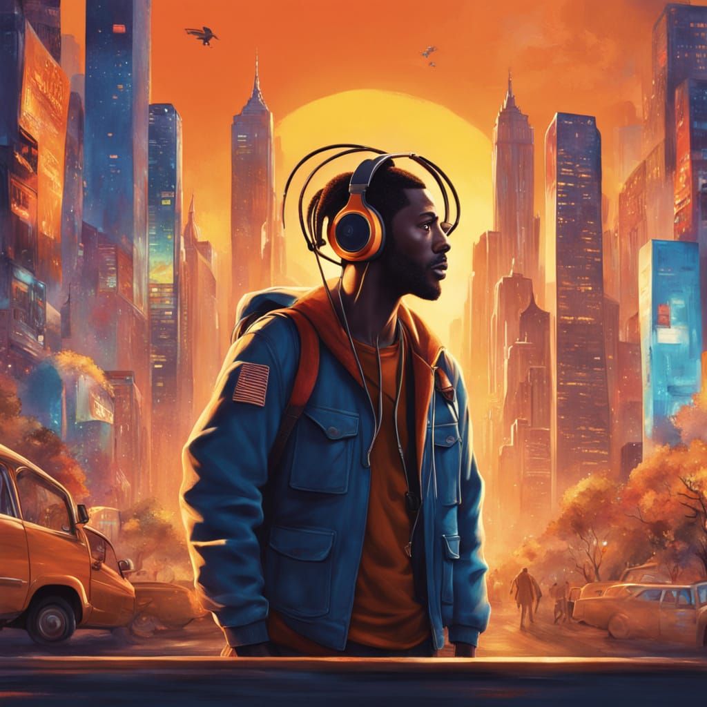 Futuristic DJ in Vibrant Cityscape