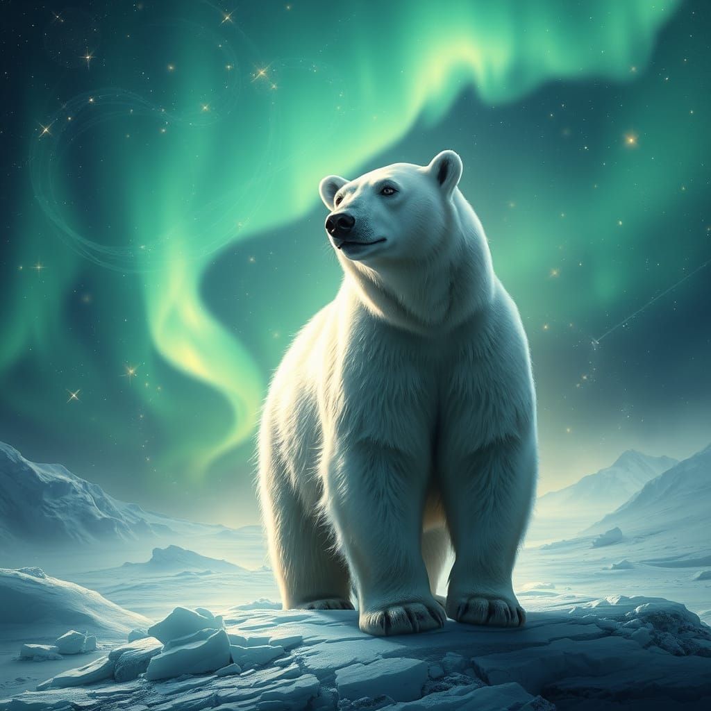 Ethereal Polar Bear in Icy Realm with Swirling Aurora Boreal...