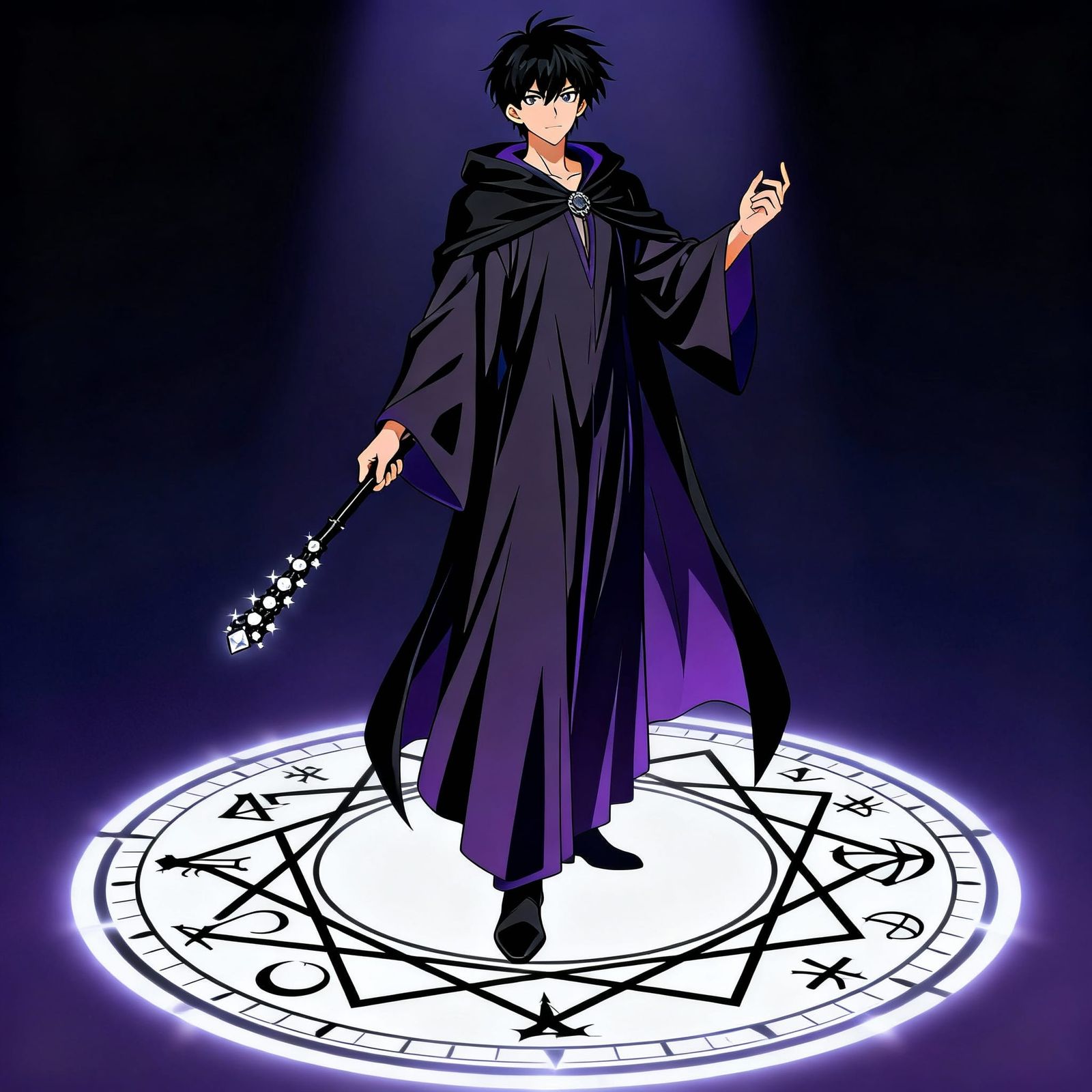 Wizard with Gem Wand in Arcane Circle, Manga Style