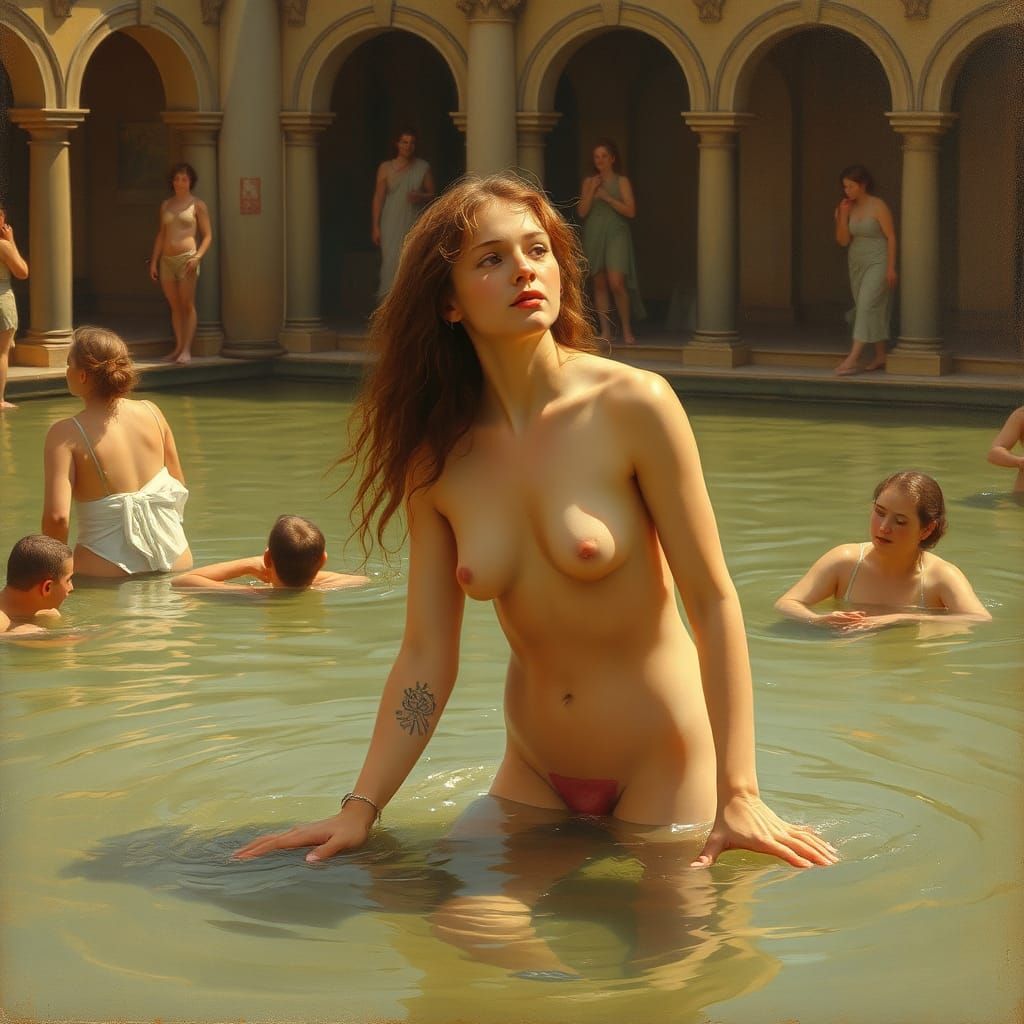 Goddess in Public Bath: Pre-Raphaelite Pastel Oil