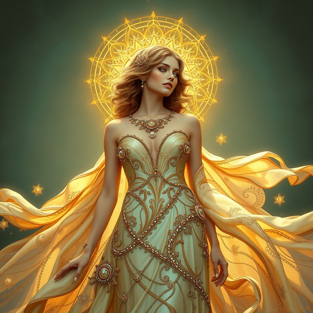 Radiant Woman in Iridescent Gown Art Nouveau Style