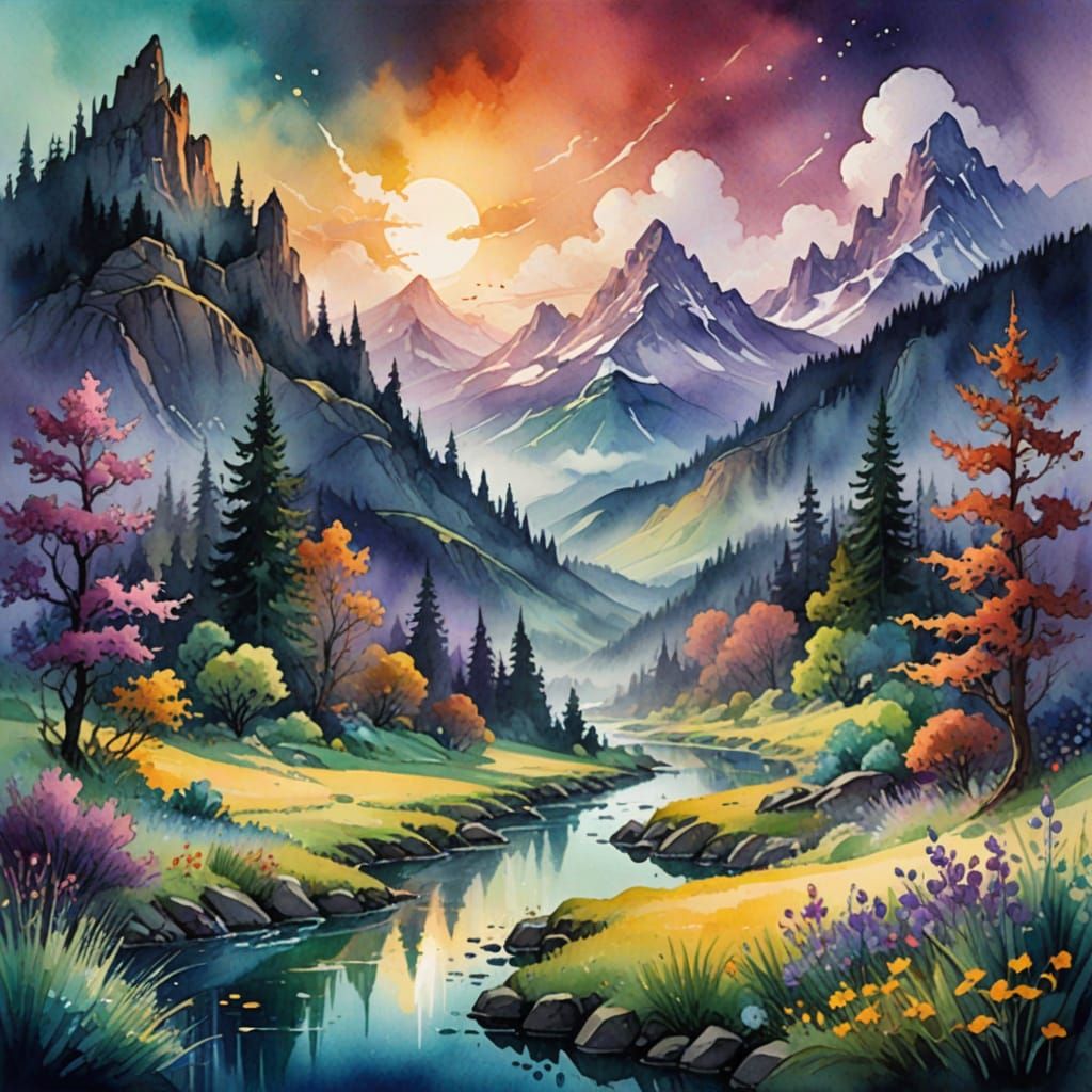 Watercolor Fantasy Landscape in Deep Hues