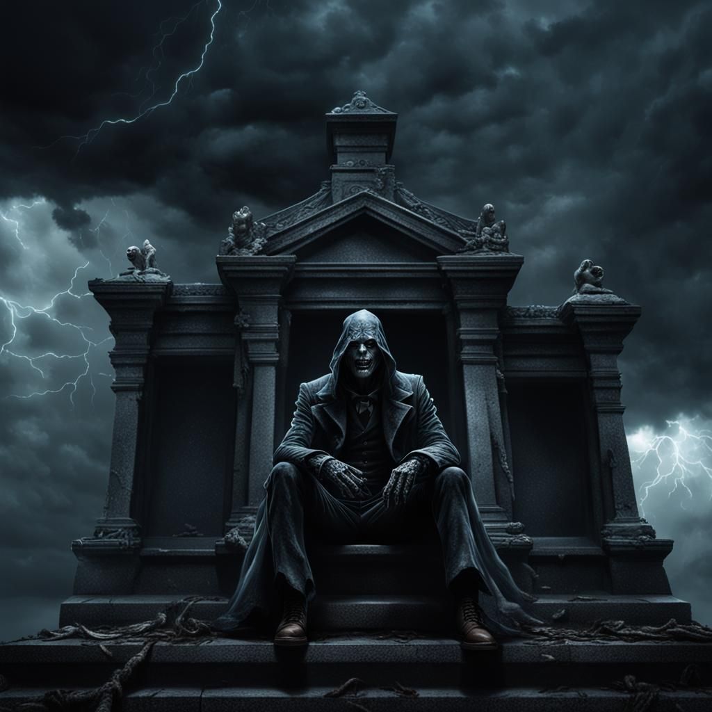 Ghoul on Mausoleum in Victorian Horror Style