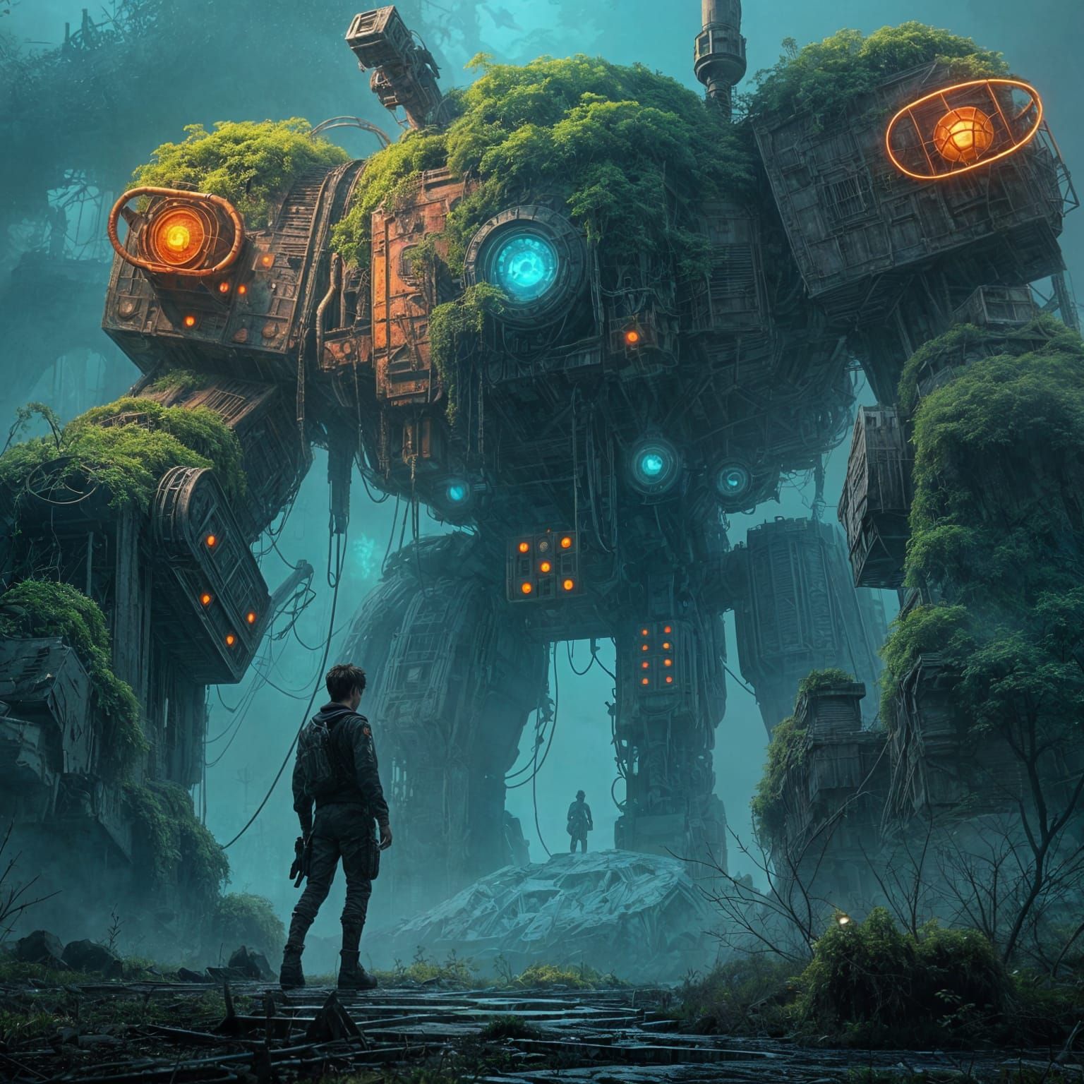 Cyberpunk Wanderer and Dilapidated Mecha