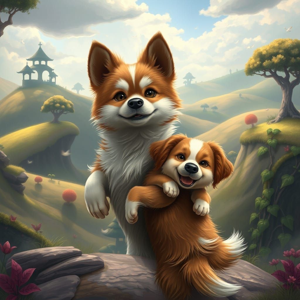 Whimsical Canine Duo on a Magical Adventure