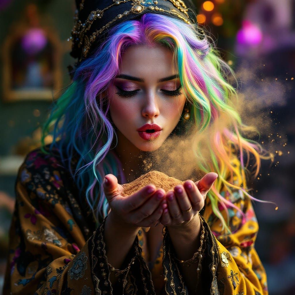 Mystical Witch Blows Cinnamon with Vibrant Rainbow Hair