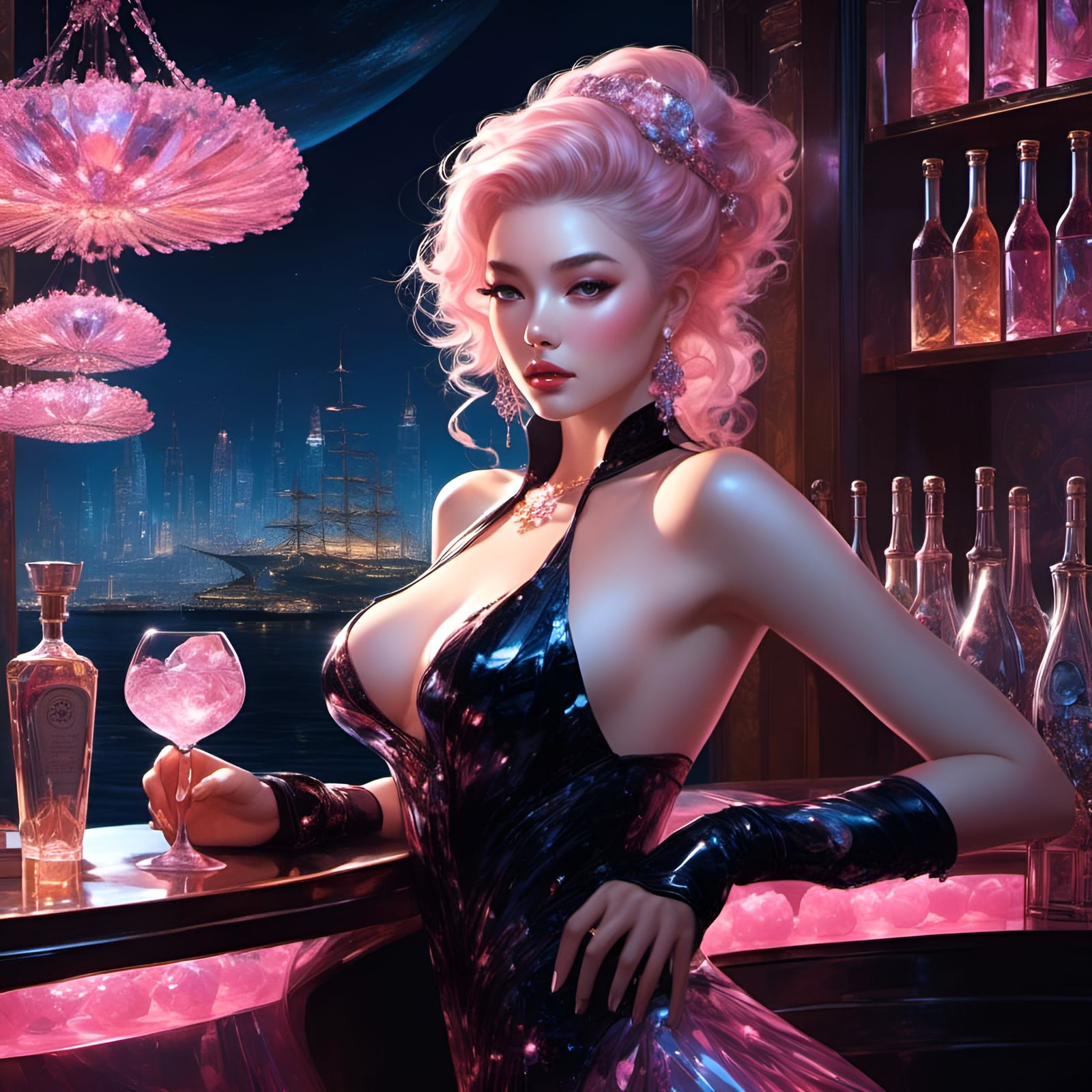 Cyberpunk Bartender in Seaside Bar, Chagall Style