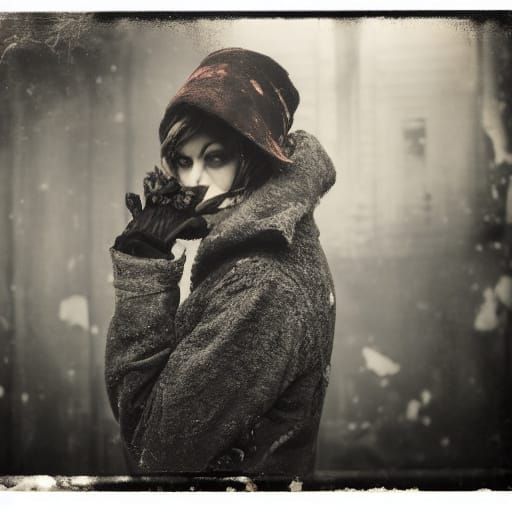 Goth Model in Decaying House, Grainy B&W Film Style