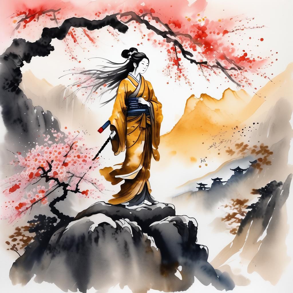 Goddess of War in Sumi-e Style Sakura Landscape
