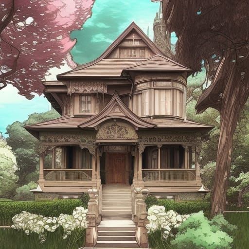 Victorian House in Anime Watercolor Style