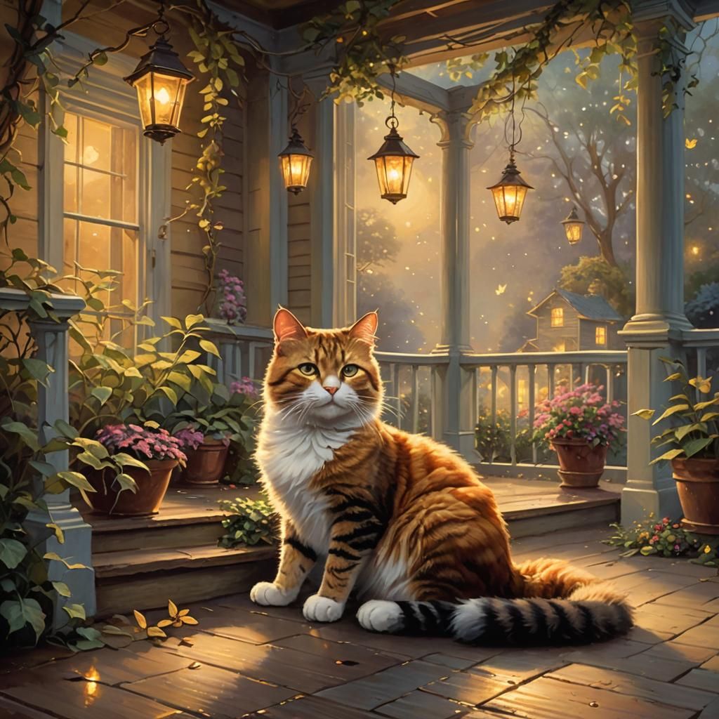 Cat Sunbathing on Porch in Oil Painting Style